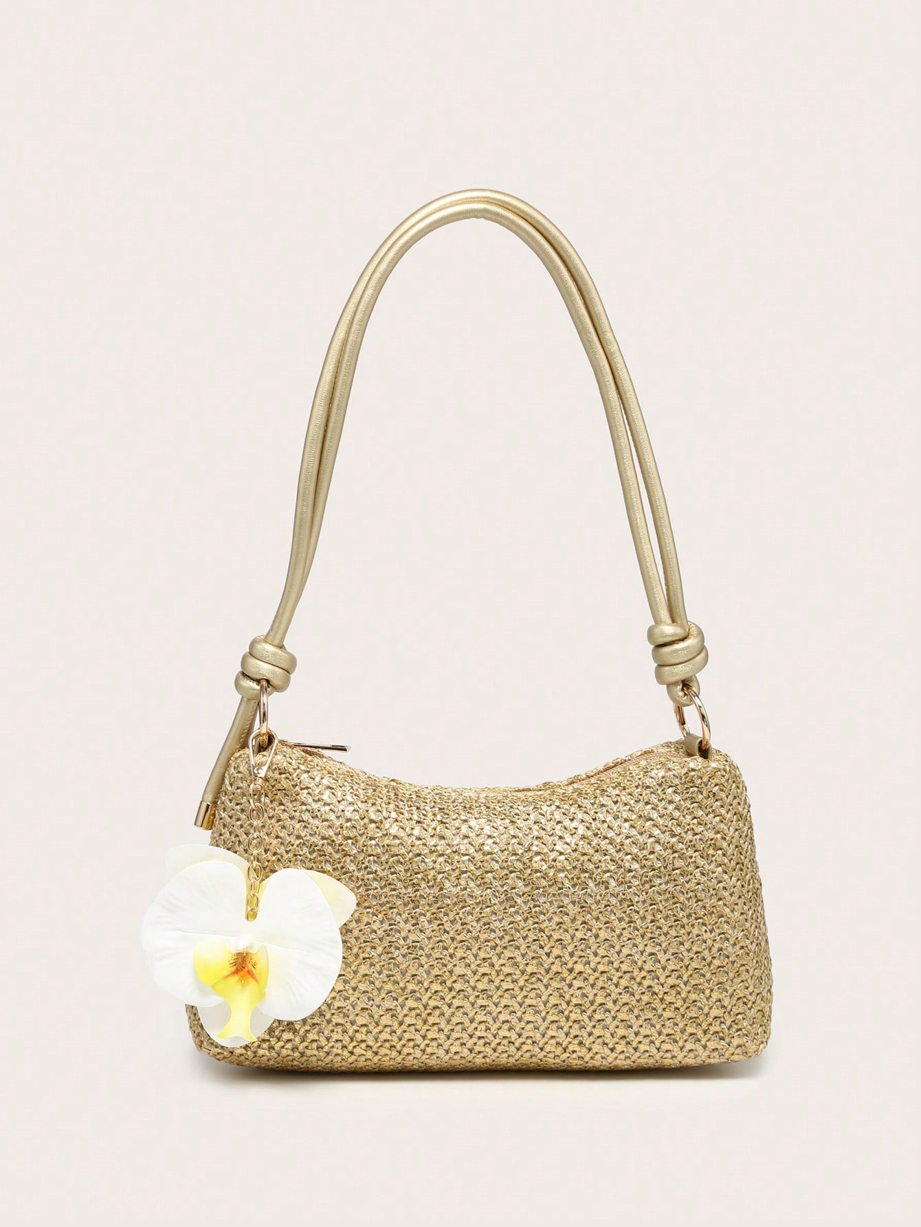 Women's Underarm Shoulder Bag, Square Bag, PU Rope Flower Pendant, Large Capacity, Lightweight, Casual Fashionable Beach Vacation Style, Suitable For Shopping And Vacation , Beach Bag, Holiday, Straw Bag