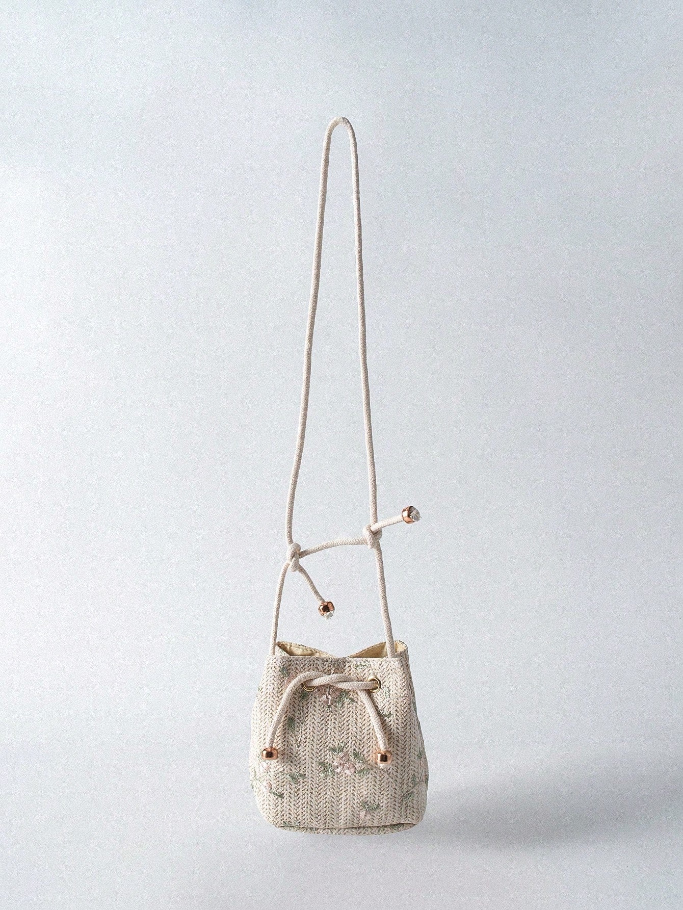 Tropiscape Mini Floral Embroidered Drawstring Detail Vacation, Straw Purse