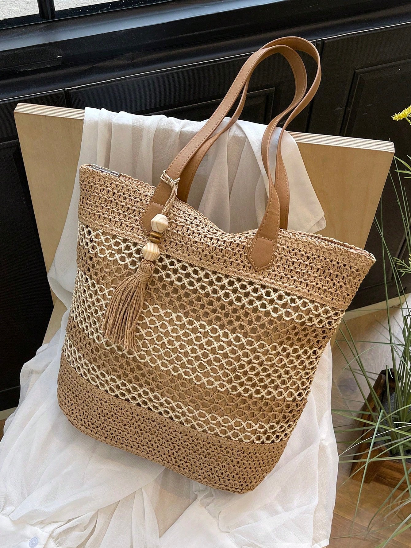 Tasseled Accent Colorblock Tote Bag, Beach Vacation Bag