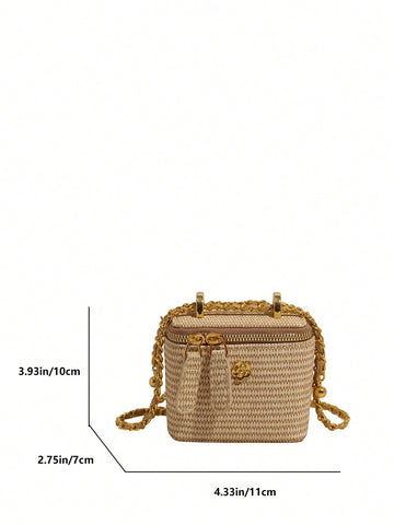 Woven Texture Handle Box-Shaped Handbag, Women's Spring/Summer New Fashion Chain Crossbody Small Square Bag, Versatile Beach Holiday Purse