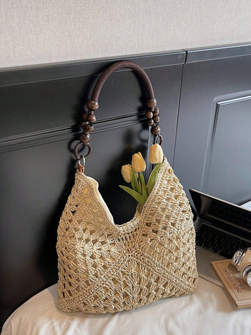 Handmade Crochet Hollow Straw Bag, Patchwork Large Capacity Shoulder Bag, Bohemian Contrast Color Straw Bag, Casual Versatile Women Bag, Slouchy Woven Bag, Summer Beach Vacation Straw Bag, Commute & Travel Dual-Use Women Bag, Can Fit , Gift For Women