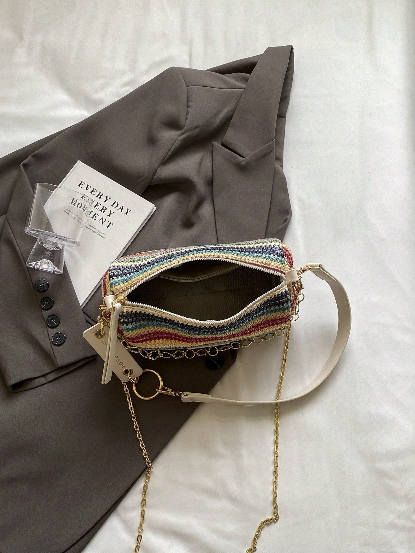 New Spring/Summer Contrast Striped Woven Straw Shoulder Bag, Fashion Letter Decor Women's