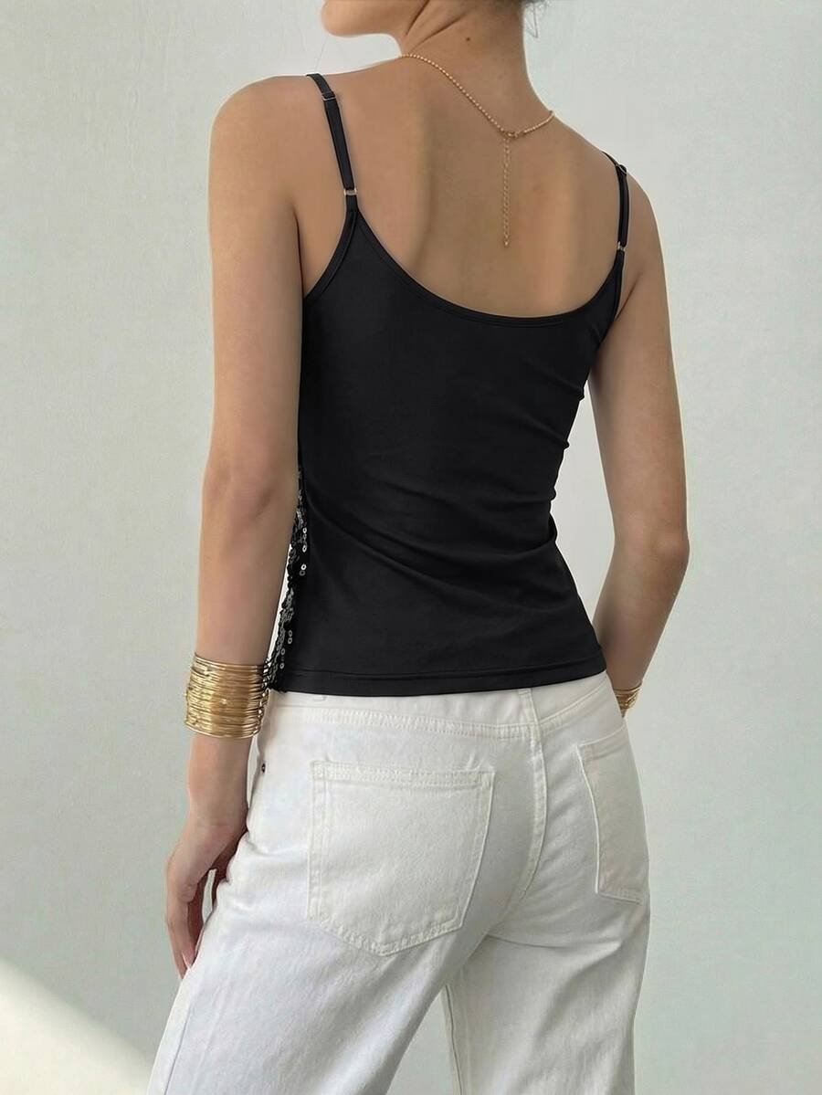Women's sequin camisole top with spaghetti straps and a 3D rose embellishment