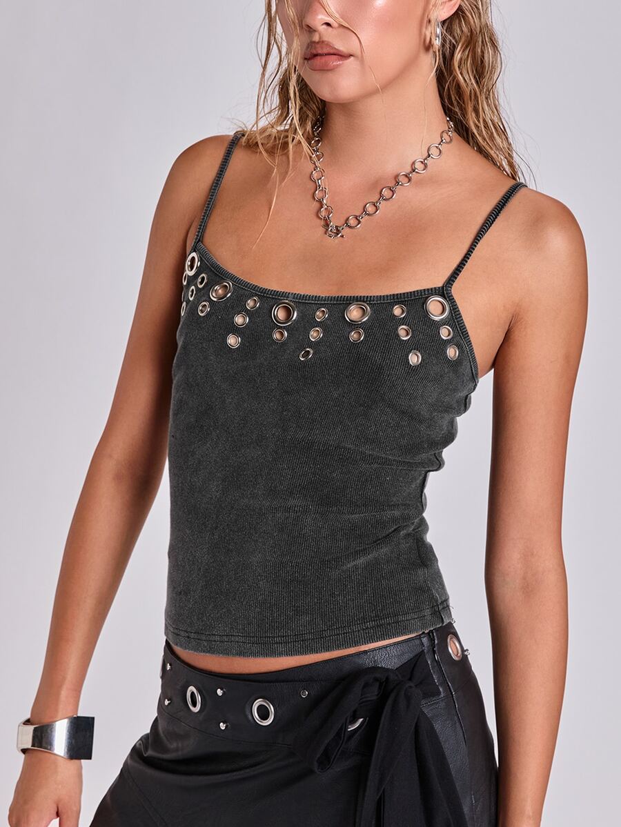 Front view of a women's black rib-knit camisole tank top with rhinestone details and spaghetti straps.