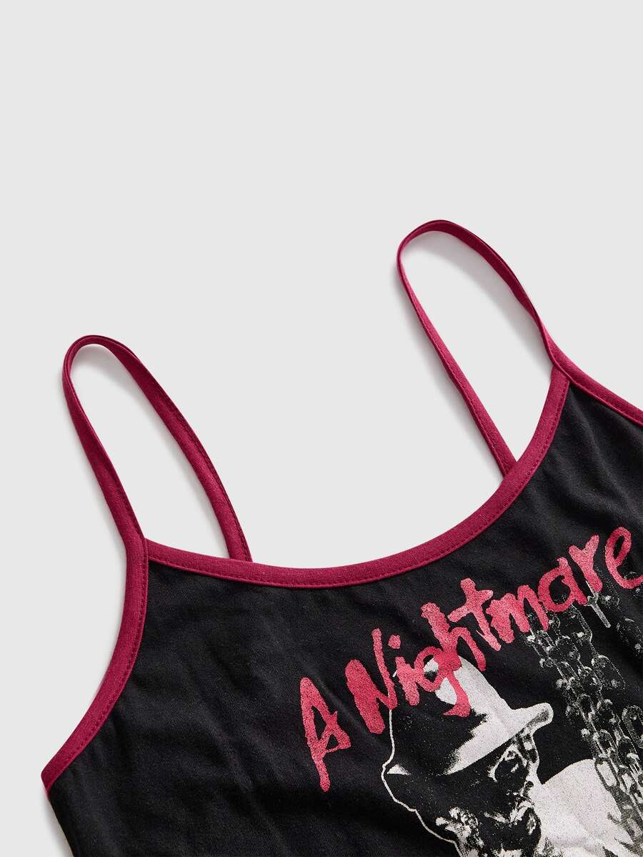 Women's black Halloween contrast print slim fit camisole tank top with spaghetti straps and ruched detailing.