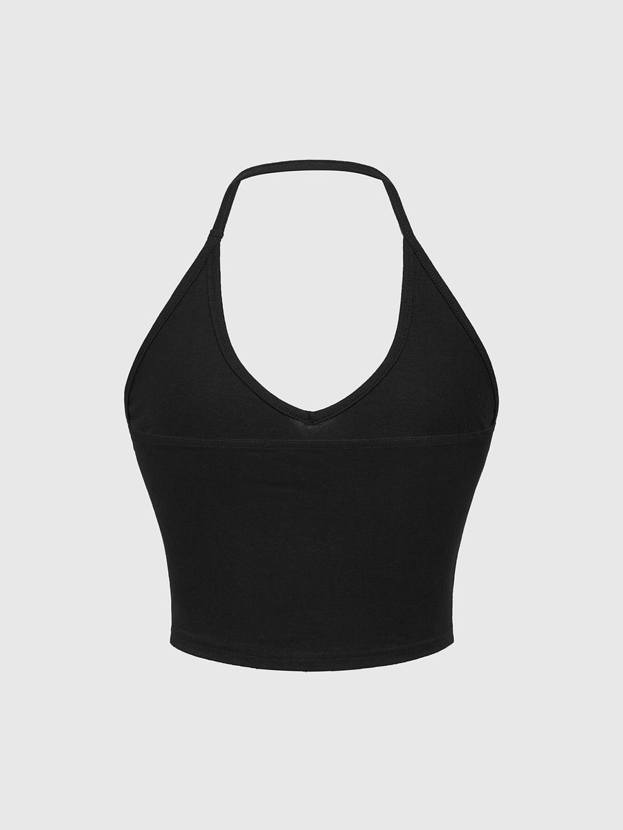 Black snake print halter camisole top for women featuring rhinestone details and a backless crop design.