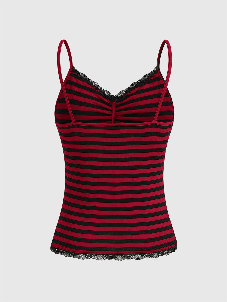 Burgundy and black striped lace trim camisole with spaghetti straps and ruched rib-knit detail.
