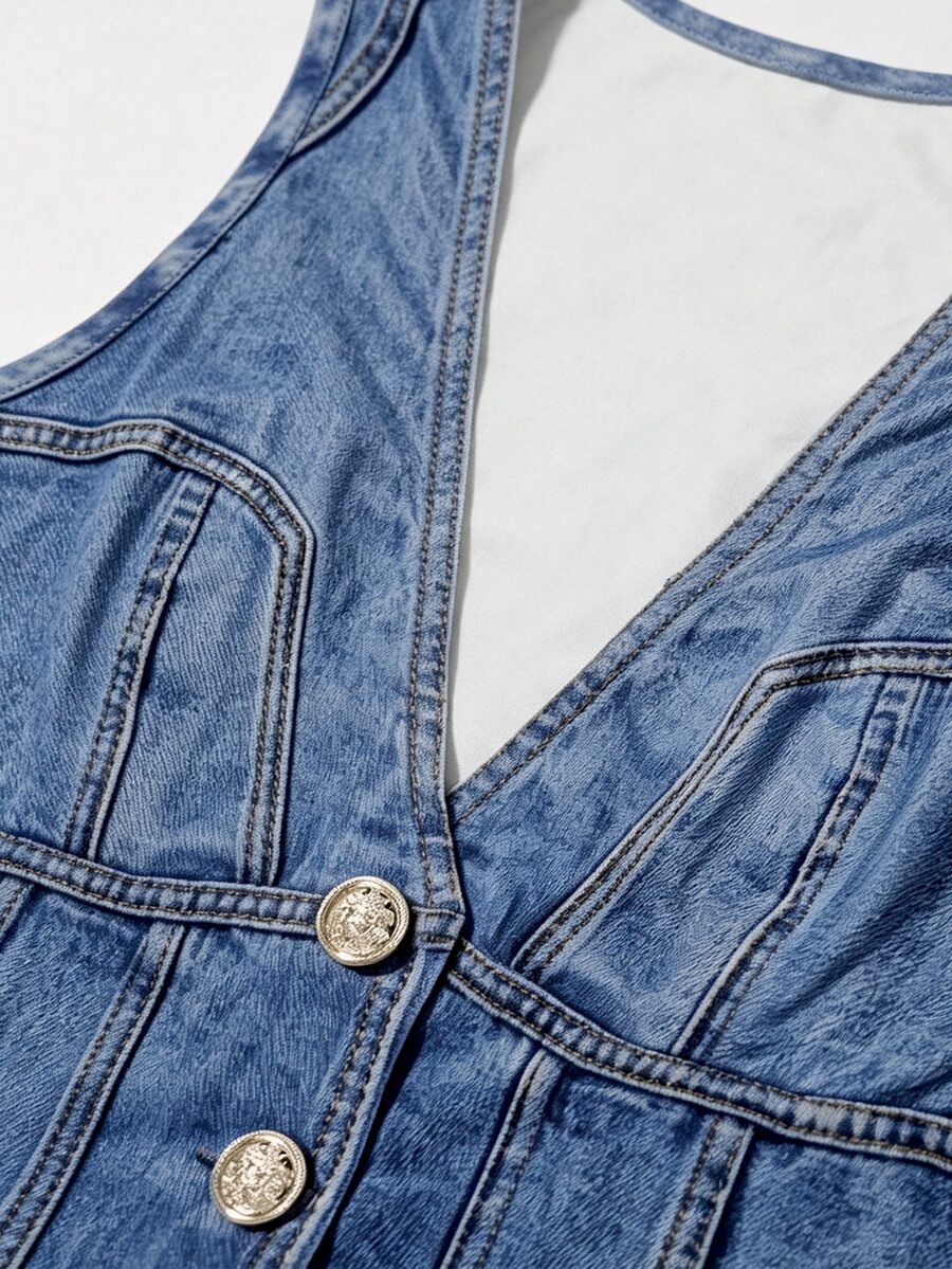 Woman wearing a blue denim print tank top featuring a button-front design, asymmetrical hem, and matching detached arm sleeves.
