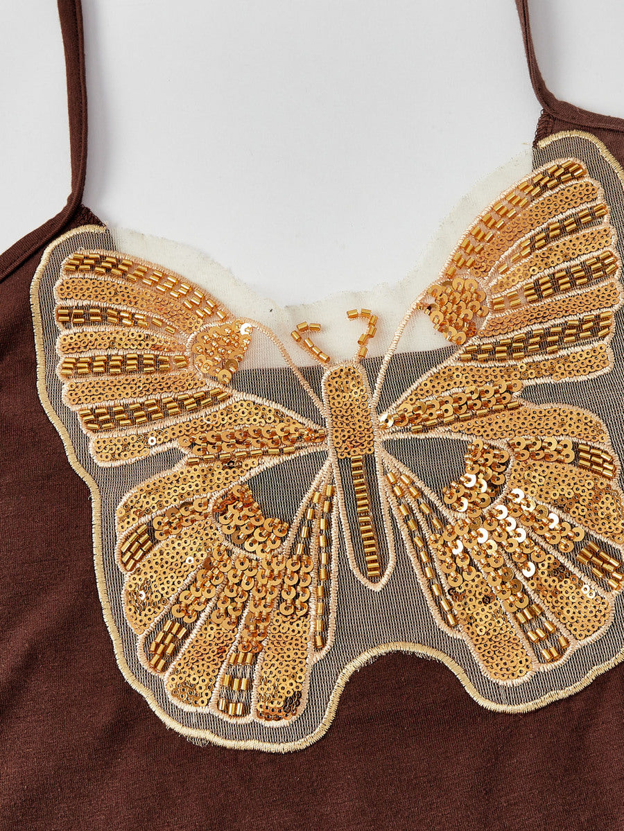 Brown micro crop halter neck tank top featuring contrast butterfly sequin detailing and a slim fit silhouette.
