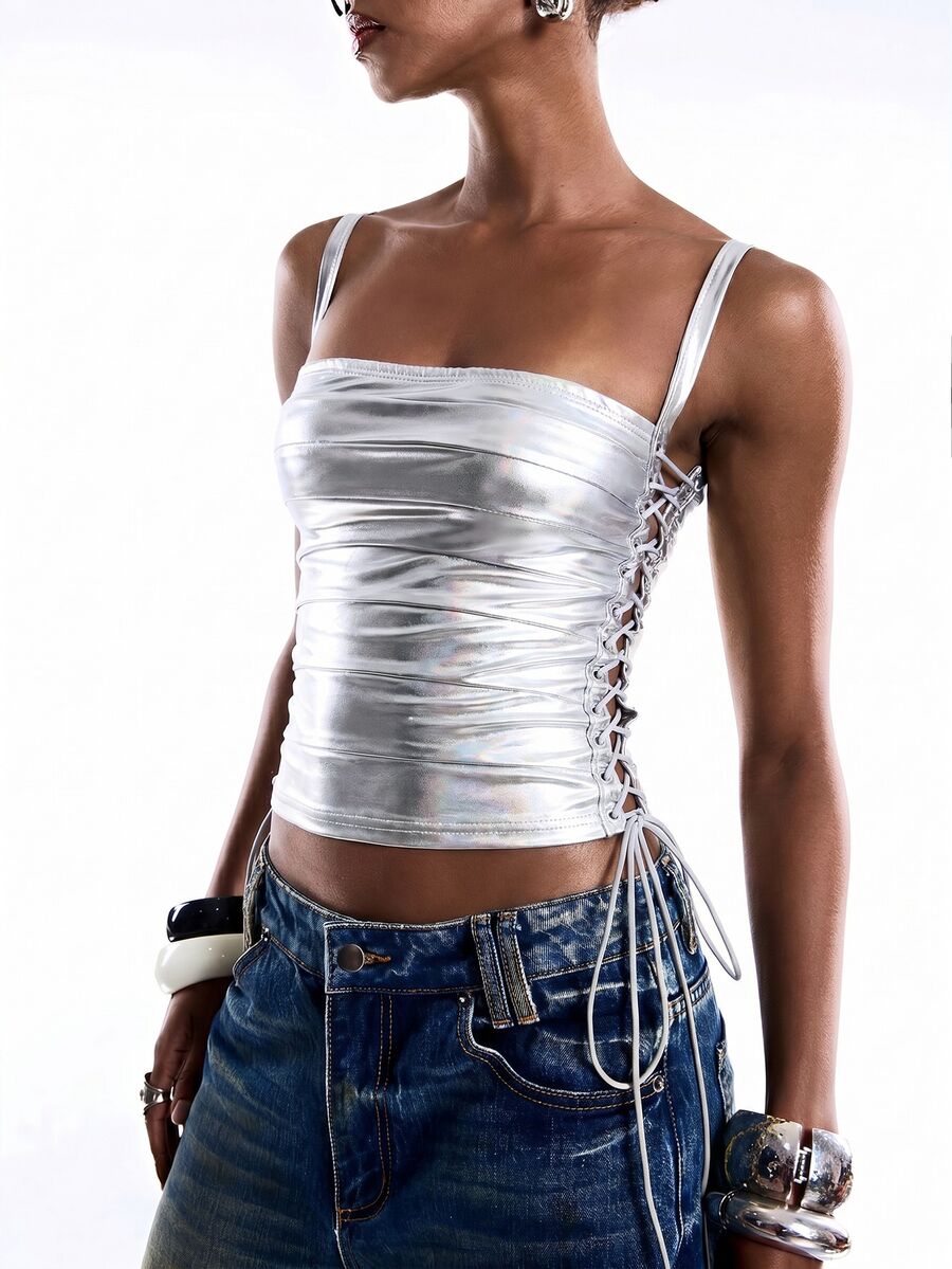Black PU leather cropped camisole top for women featuring spaghetti straps, side tie details, and a ruched slim fit.