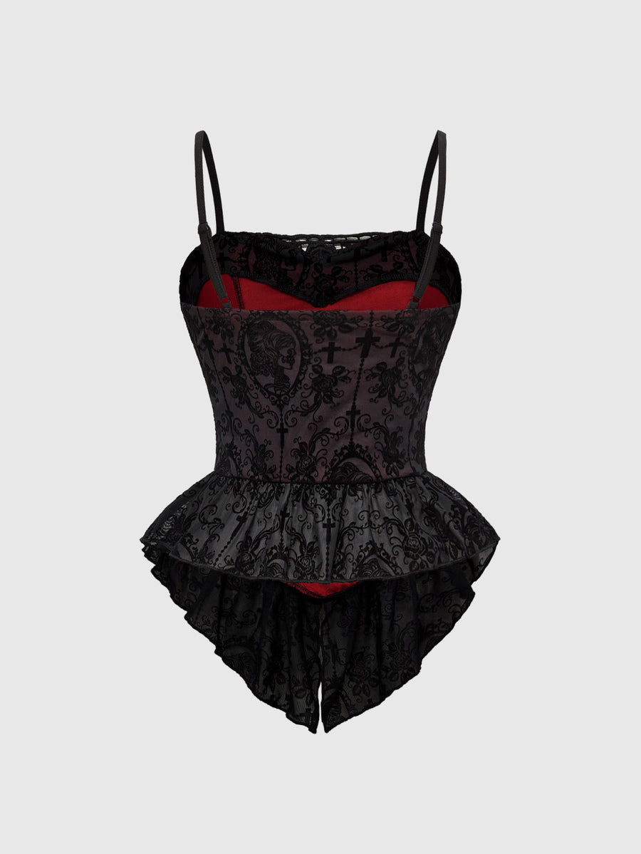 Black Gothic flocked lace camisole featuring spaghetti straps and an asymmetrical ruffle hem.