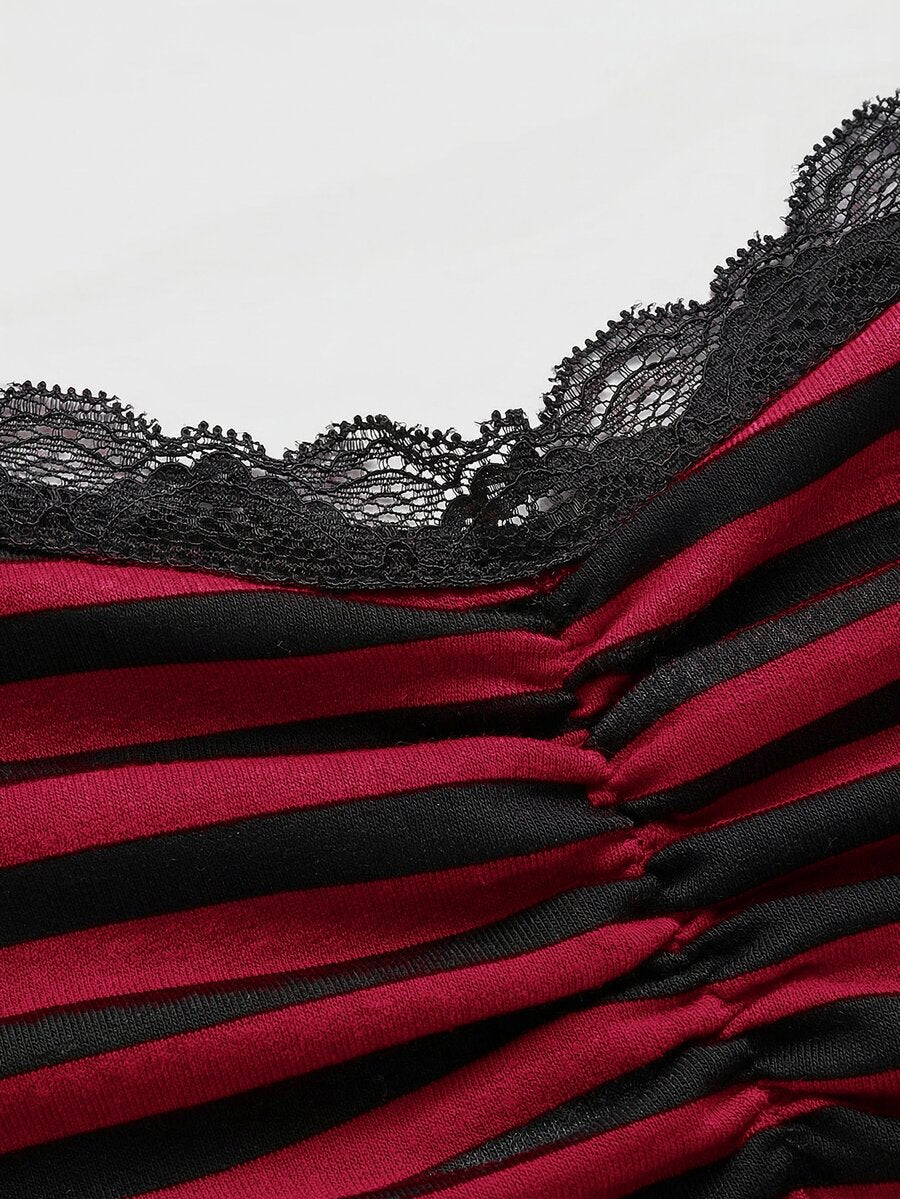 Burgundy and black striped lace trim camisole with spaghetti straps and ruched rib-knit detail.