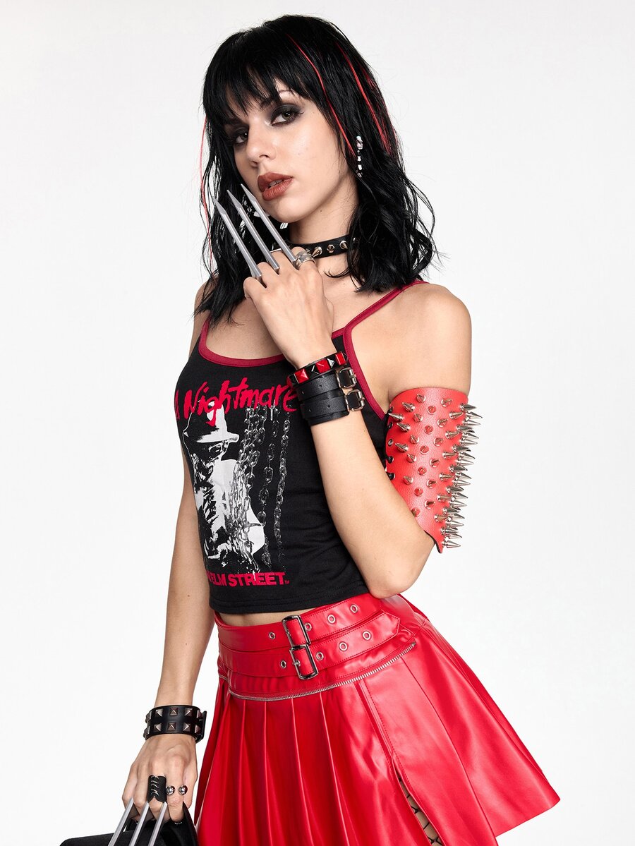 Women's black Halloween contrast print slim fit camisole tank top with spaghetti straps and ruched detailing.