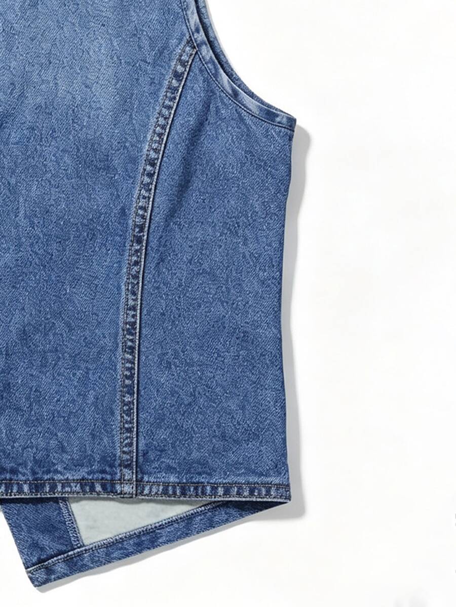 Woman wearing a blue denim print tank top featuring a button-front design, asymmetrical hem, and matching detached arm sleeves.