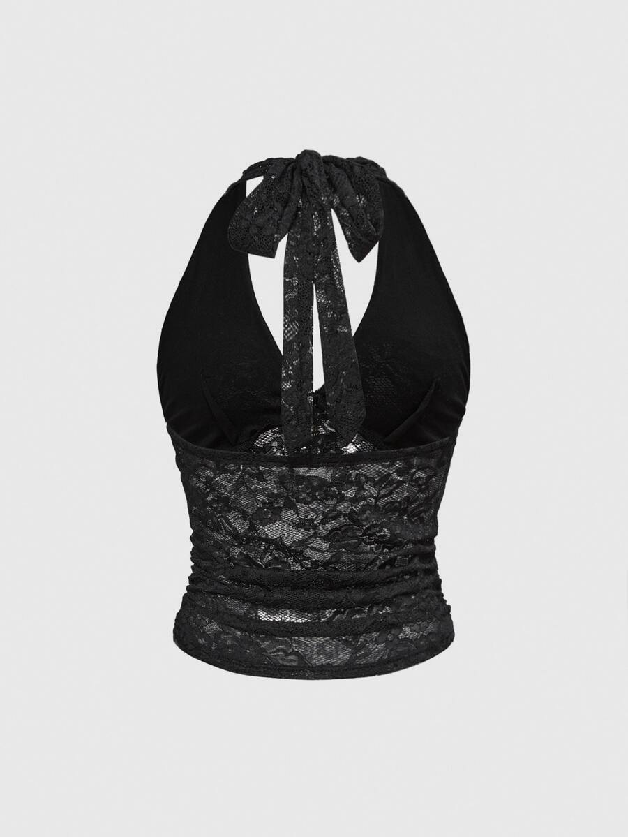 Black gothic halter lace cami crop top featuring ruched details and backless design for women