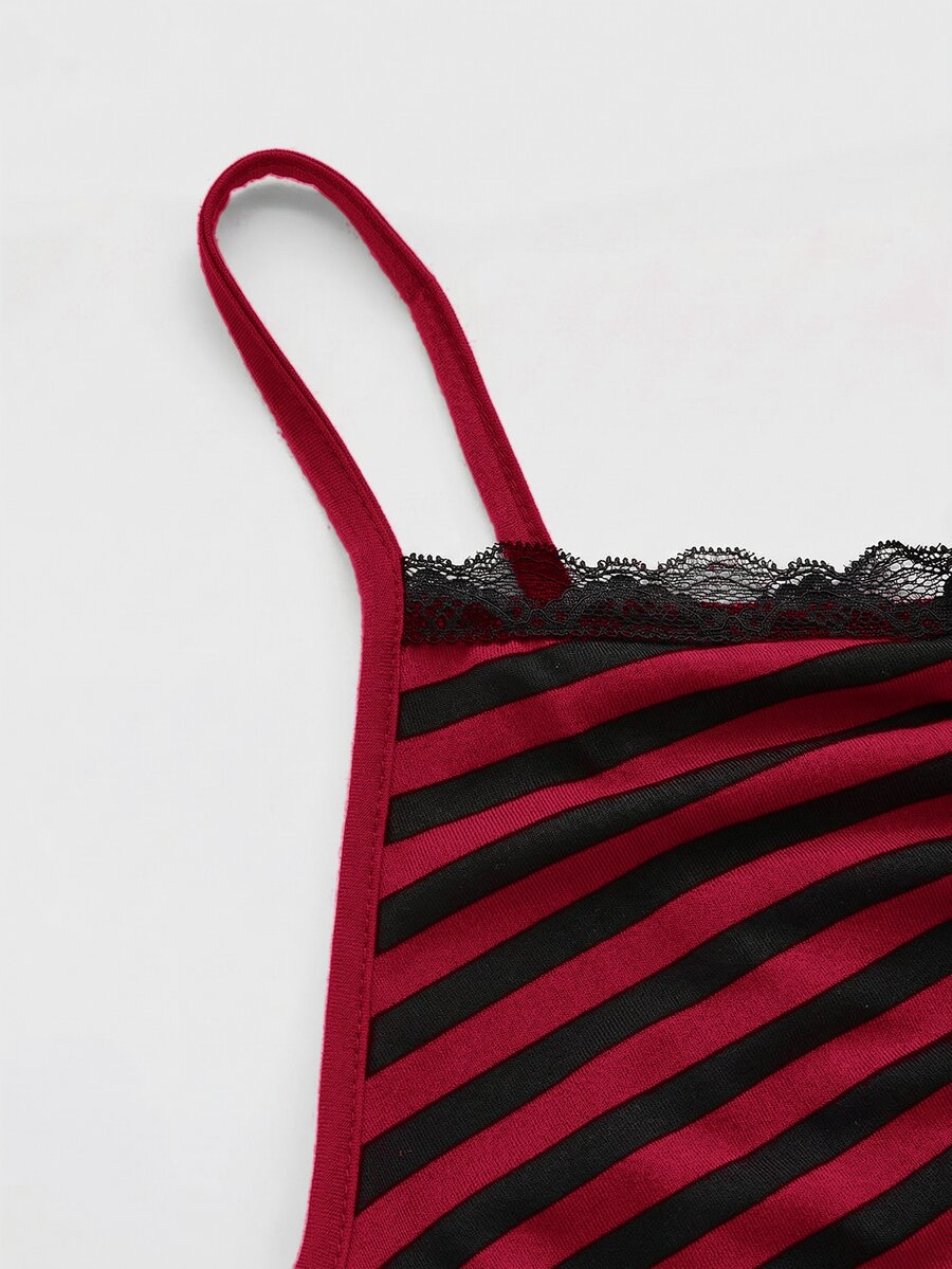 Burgundy and black striped lace trim camisole with spaghetti straps and ruched rib-knit detail.