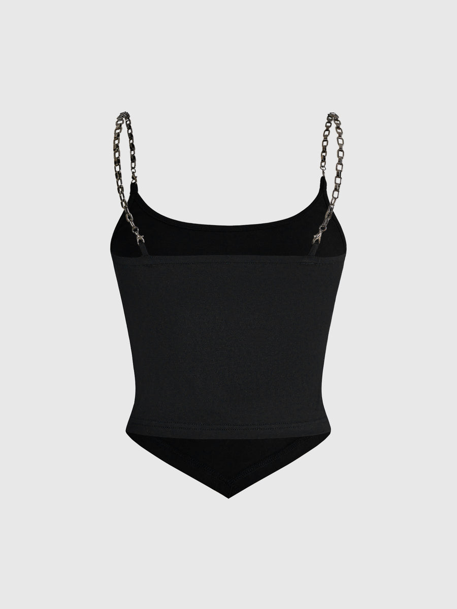 Black gothic rib-knit cross chain camisole top with asymmetrical hem and matching arm sleeves.