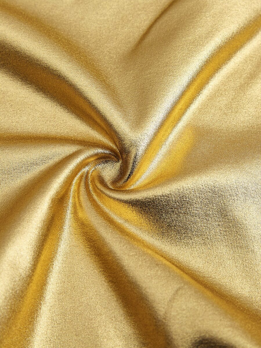 Women's gold PU leather cropped cami top with thin spaghetti straps and a slim fit silhouette.