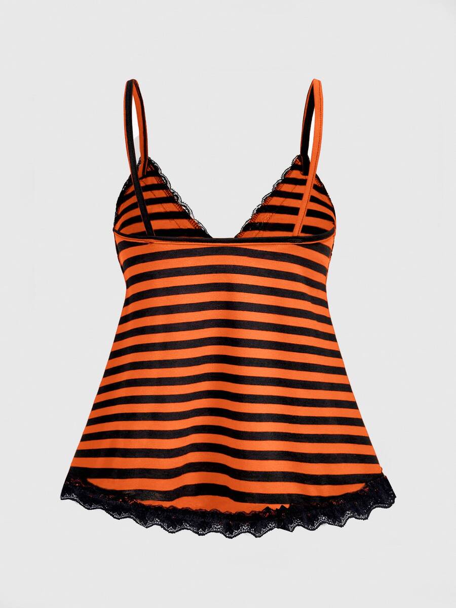 Red and white striped camisole top featuring contrast white scallop lace trim along the neckline and slim fit spaghetti straps.