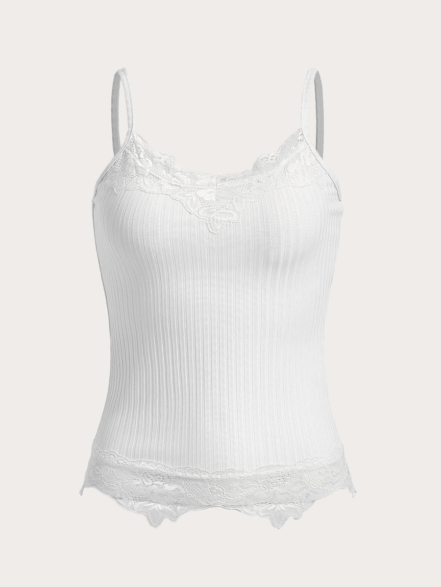 Women's black rib-knit cami top featuring delicate contrast lace trim and thin spaghetti straps.