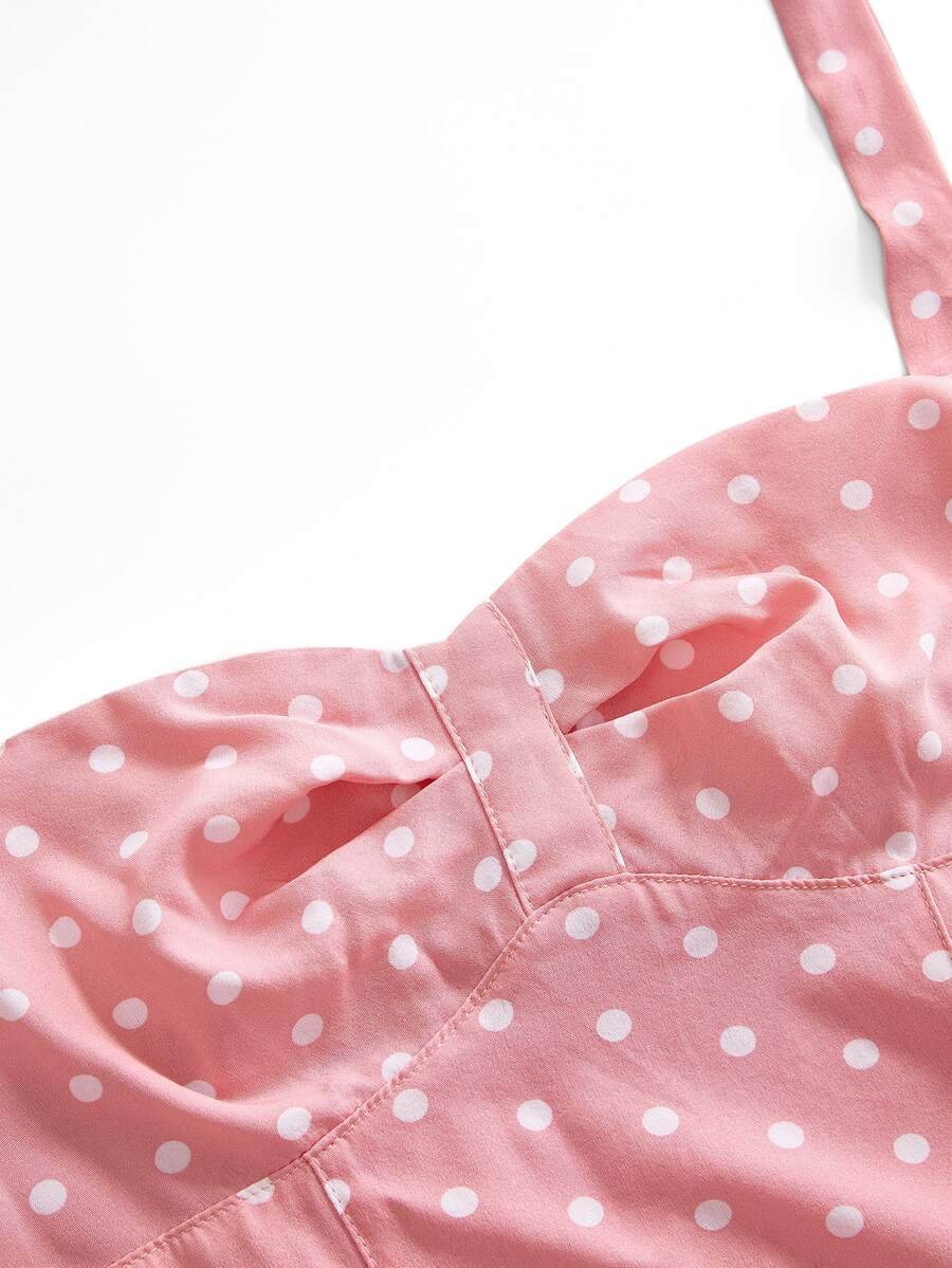 Pink plaid backless halter camisole set with ruched bust, knot detail, and ruffle hem for women.