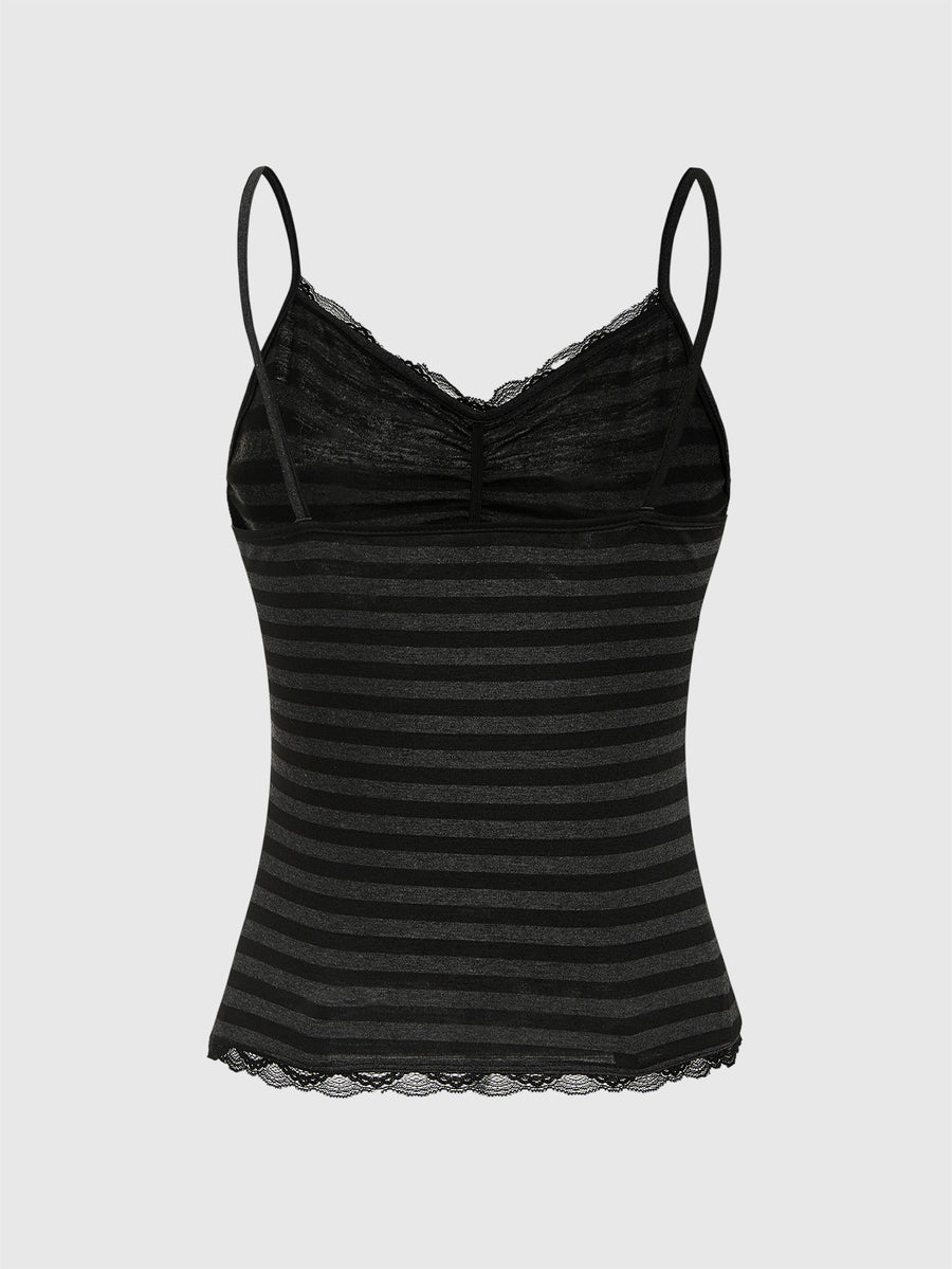Burgundy and black striped lace trim camisole with spaghetti straps and ruched rib-knit detail.