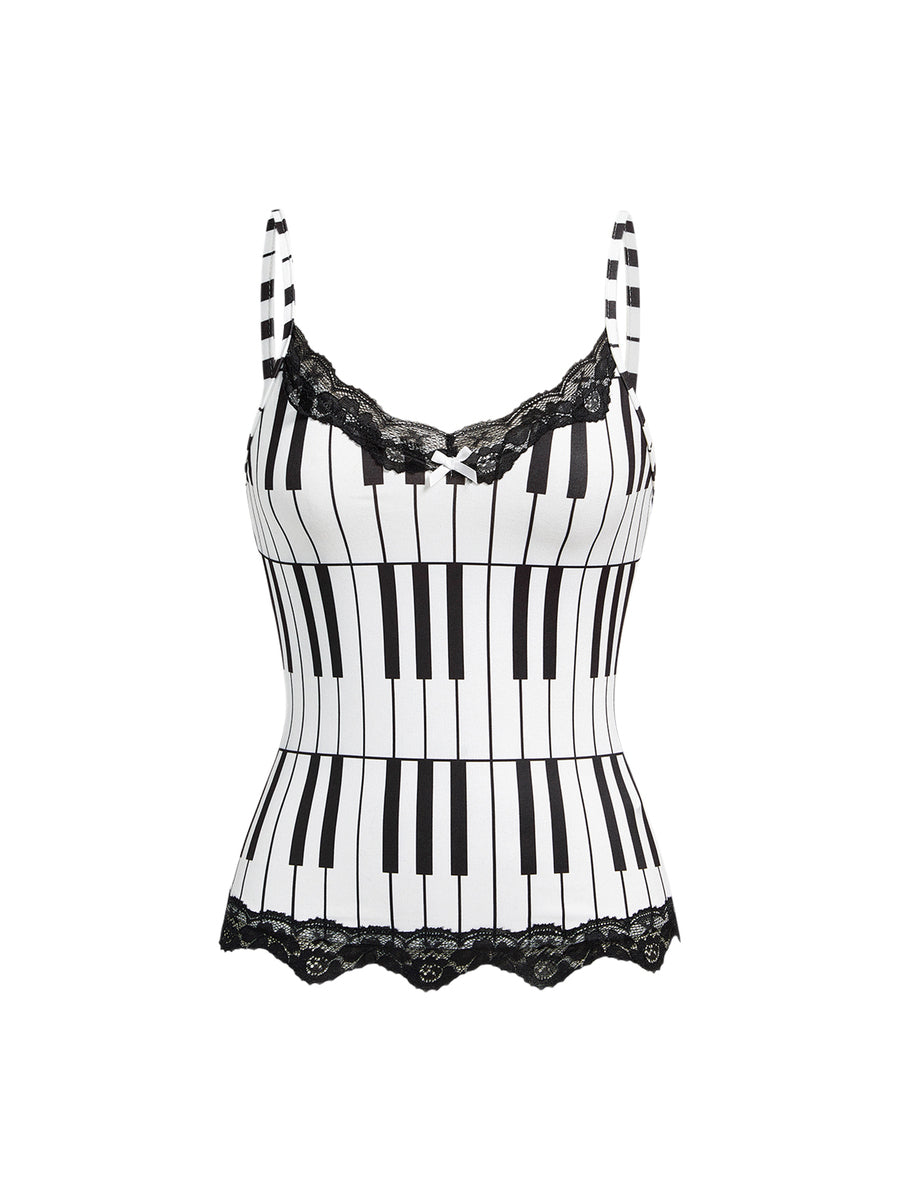Three-piece women's camisole set featuring a retro music note and piano keyboard print, delicate contrast lace trim, front bow accent, and slim fit spaghetti straps.