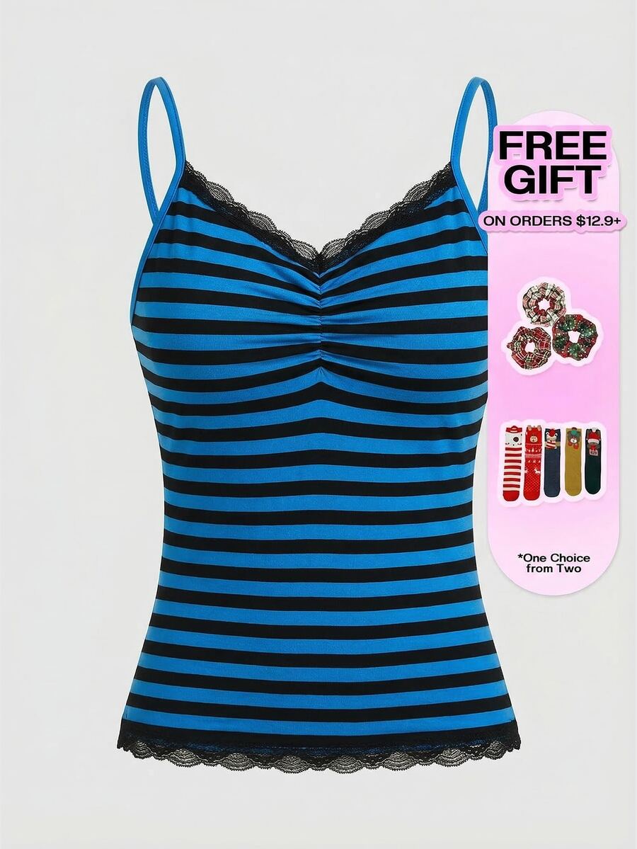 Burgundy and black striped lace trim camisole with spaghetti straps and ruched rib-knit detail.