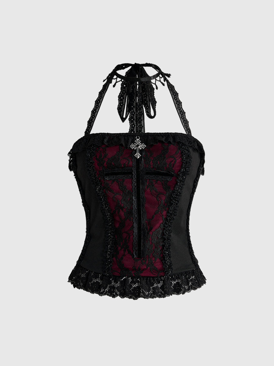 A women's gothic halter cami crop top featuring contrast lace patchwork, velvet fabric, backless knot detail, and slim fit.