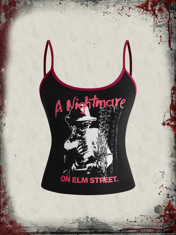 Women's black Halloween contrast print slim fit camisole tank top with spaghetti straps and ruched detailing.
