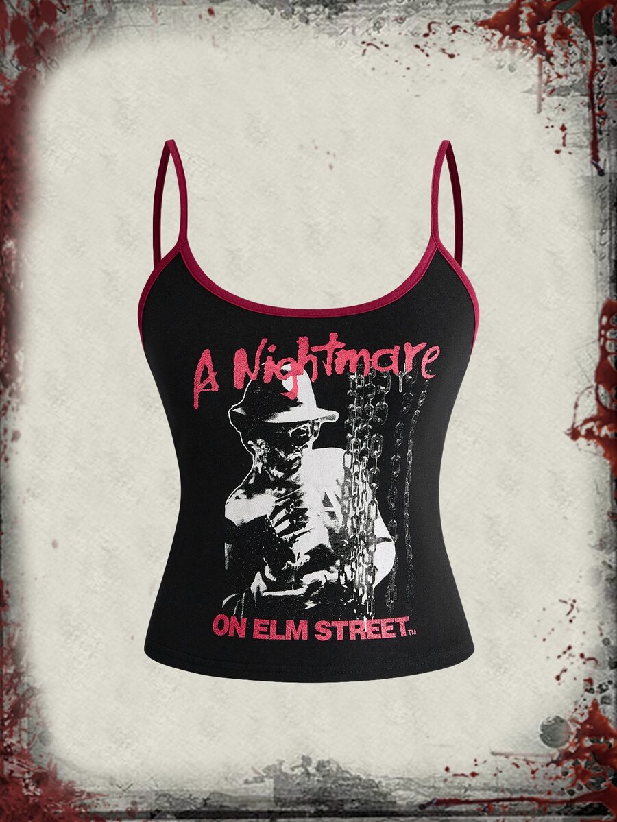 Women's black Halloween contrast print slim fit camisole tank top with spaghetti straps and ruched detailing.