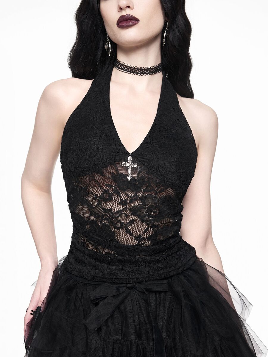 Black gothic halter lace cami crop top featuring ruched details and backless design for women
