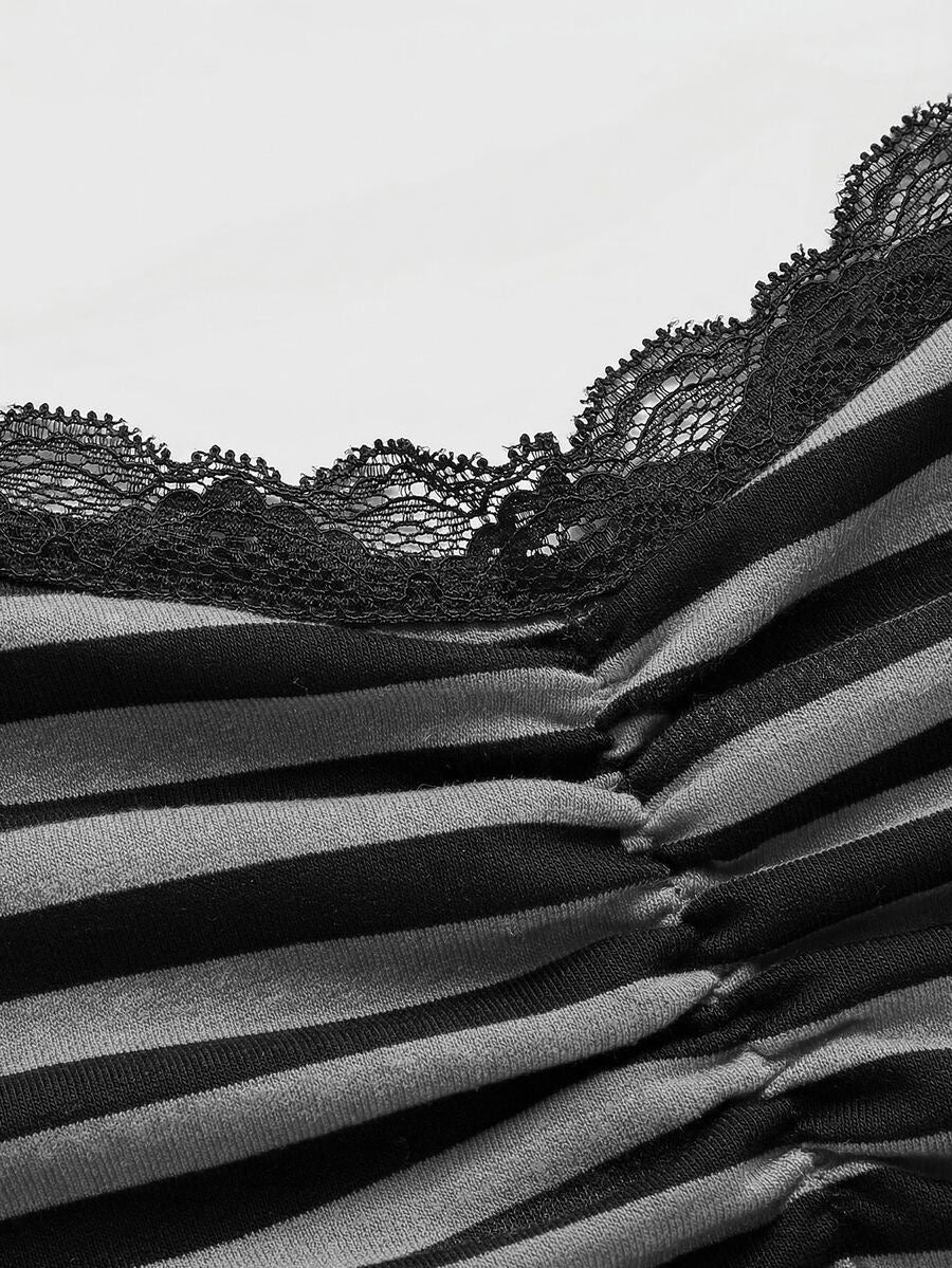 Burgundy and black striped lace trim camisole with spaghetti straps and ruched rib-knit detail.