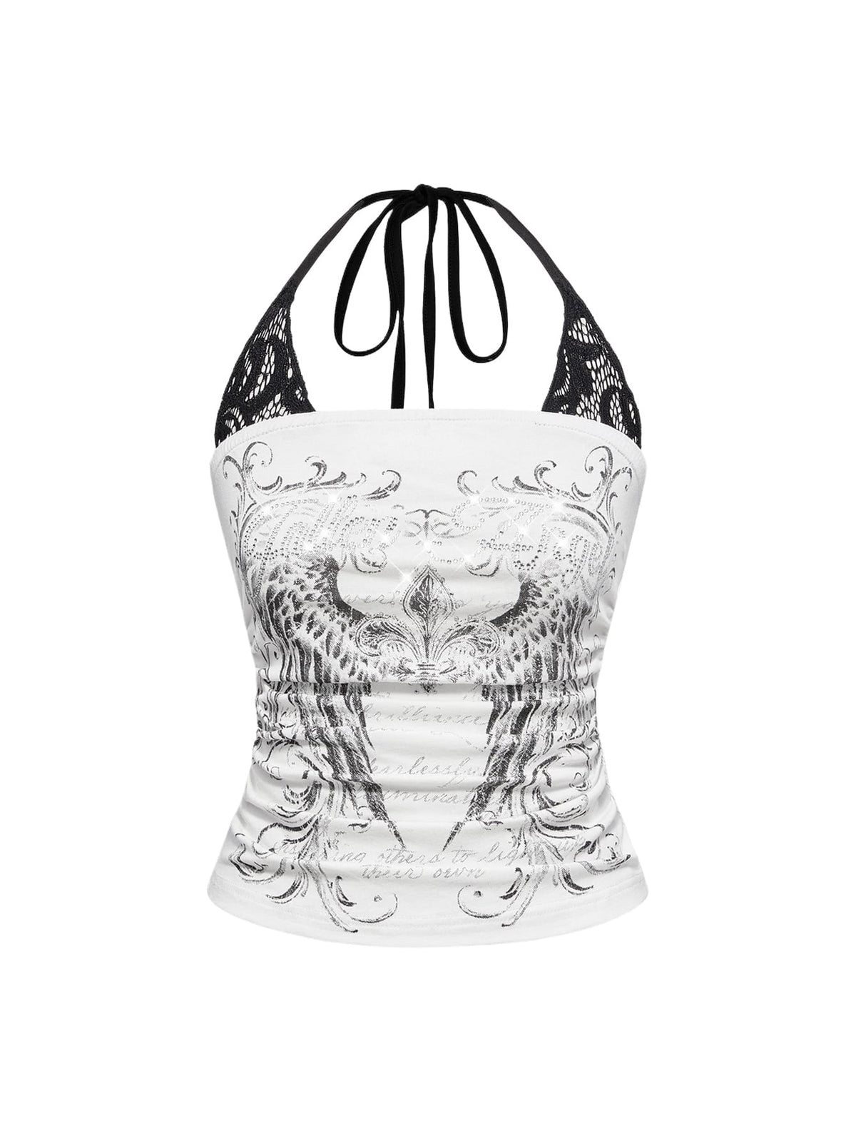 Woman wearing a black Y2K concert print 2-in-1 contrast lace halter crop top featuring a backless design with knot details.