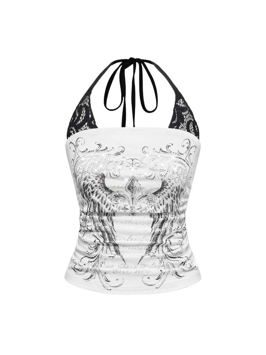 Woman wearing a black Y2K concert print 2-in-1 contrast lace halter crop top featuring a backless design with knot details.