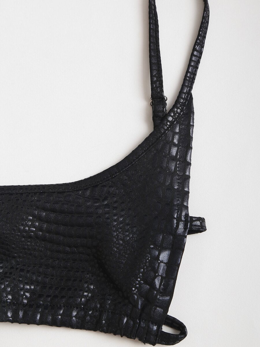 Women's black cropped camisole top with faux crocodile texture, backless spaghetti straps, and matching arm sleeves.