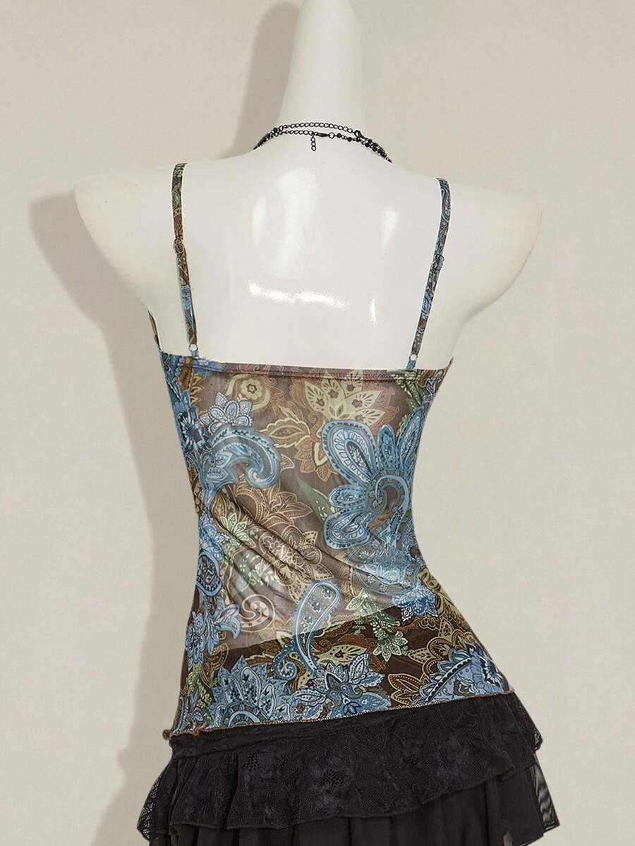 Burgundy paisley print ruched cami top for women featuring thin spaghetti straps, asymmetrical lace-up detail, and a slim fit.
