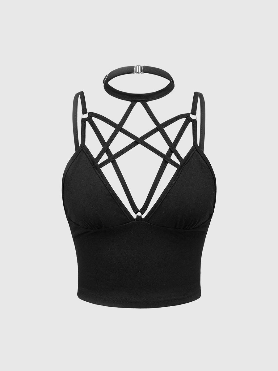Front and back view of a women's black cut out criss cross crop tank top with spaghetti straps and a backless slim fit design.