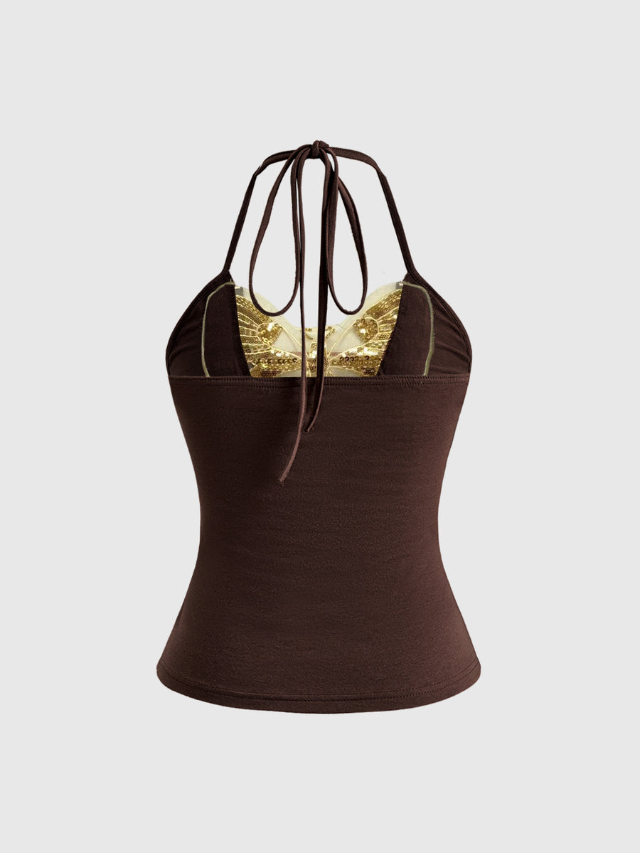 Brown micro crop halter neck tank top featuring contrast butterfly sequin detailing and a slim fit silhouette.