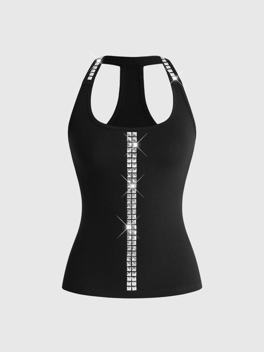 Black backless halter crop tank top with metal rivet trim detail and slim fit.