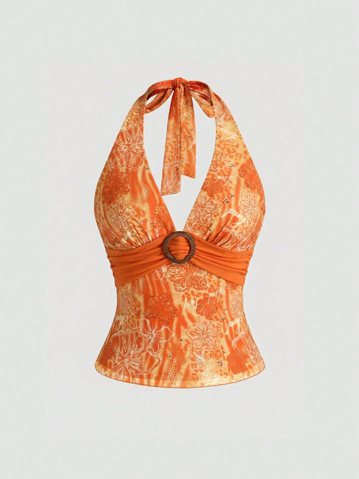 Women's pink tropical hibiscus print halter top featuring contrast lace trim and a slim fit silhouette.