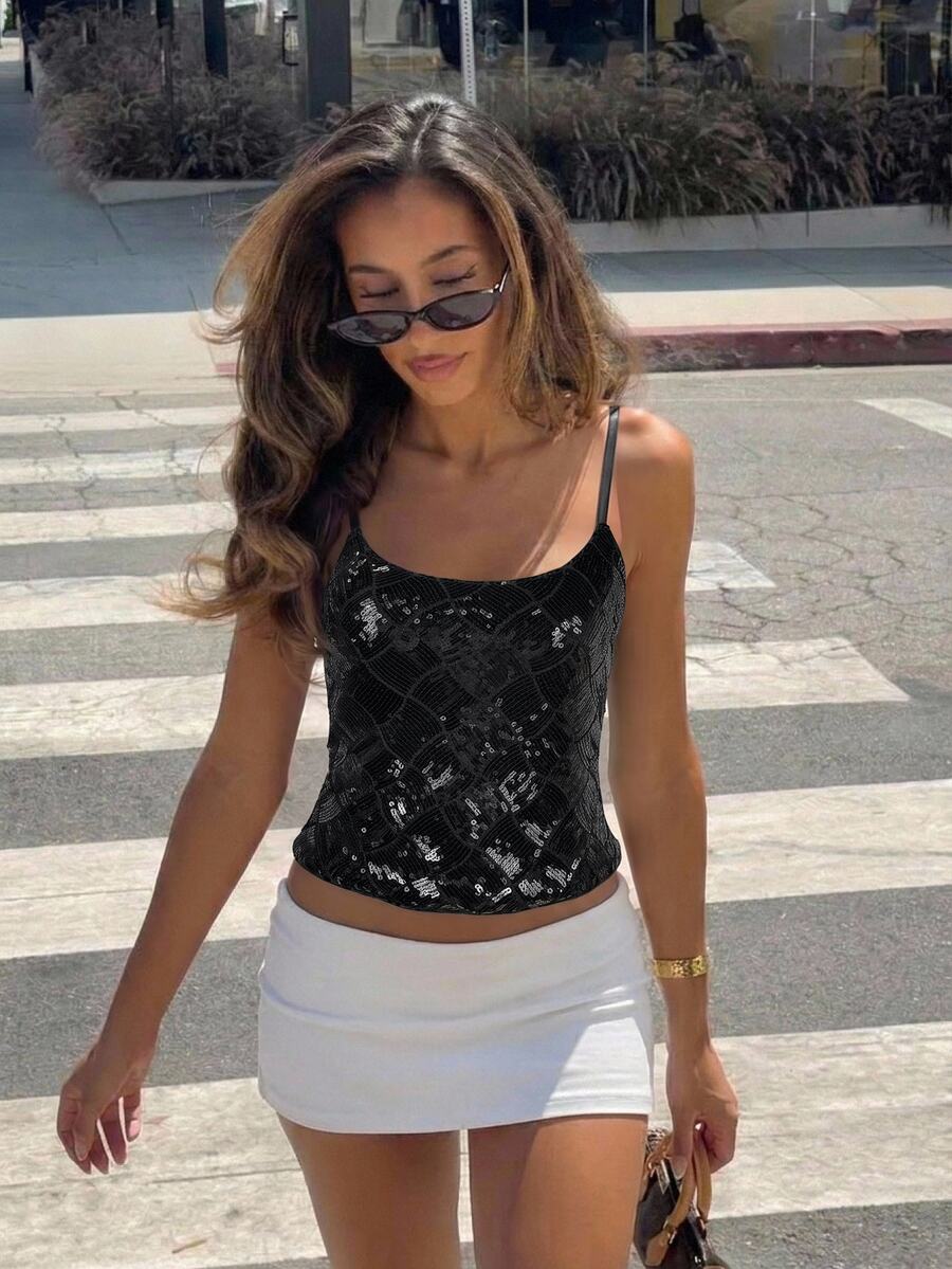 Women's sequin camisole top with spaghetti straps and a 3D rose embellishment