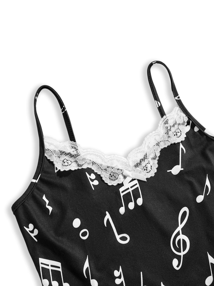Three-piece women's camisole set featuring a retro music note and piano keyboard print, delicate contrast lace trim, front bow accent, and slim fit spaghetti straps.