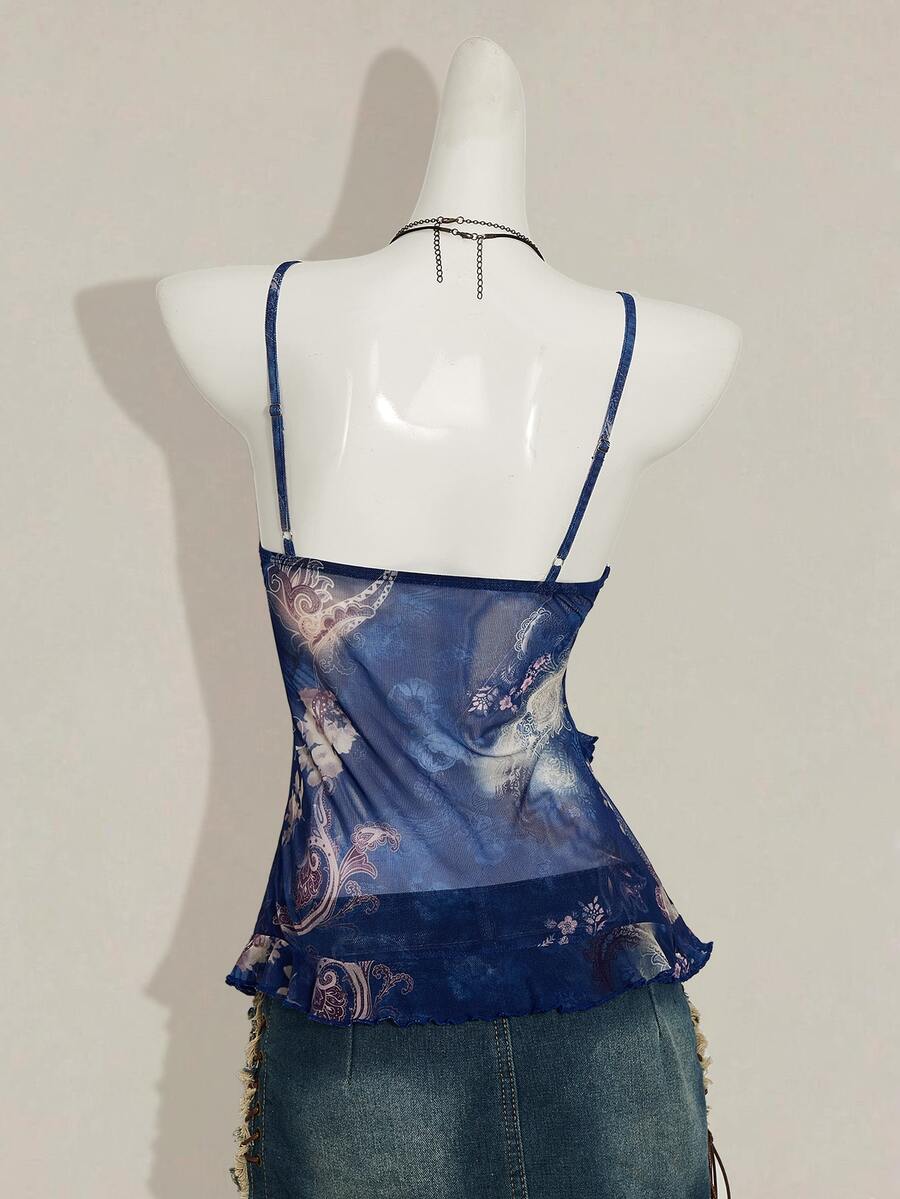Women's burgundy floral graphic print mesh camisole top featuring an asymmetrical hem, backless cut, and spaghetti straps.