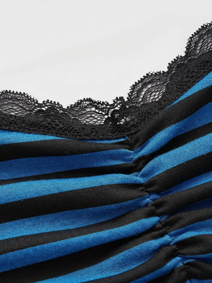 Burgundy and black striped lace trim camisole with spaghetti straps and ruched rib-knit detail.