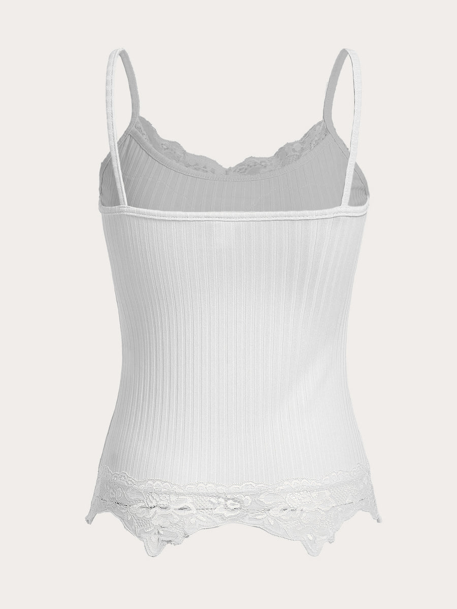 Women's black rib-knit cami top featuring delicate contrast lace trim and thin spaghetti straps.