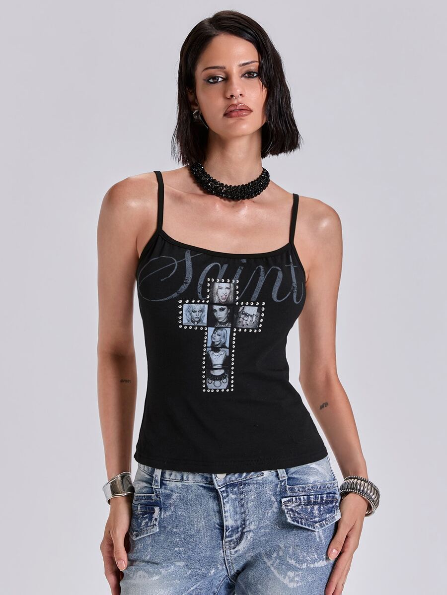 Black fitted cropped spaghetti strap tank top for women featuring a graphic portrait cross print with rhinestone details.