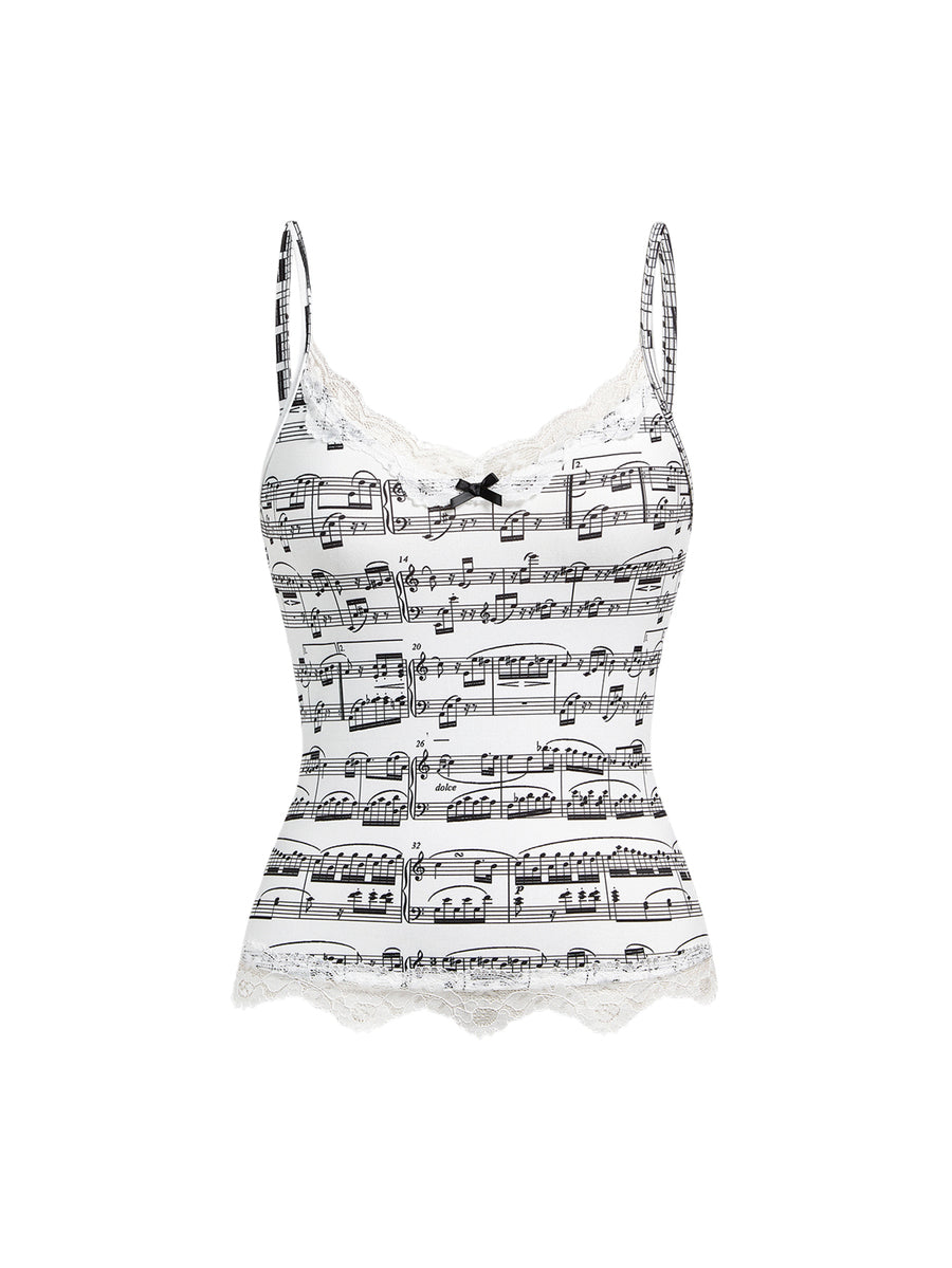 Three-piece women's camisole set featuring a retro music note and piano keyboard print, delicate contrast lace trim, front bow accent, and slim fit spaghetti straps.