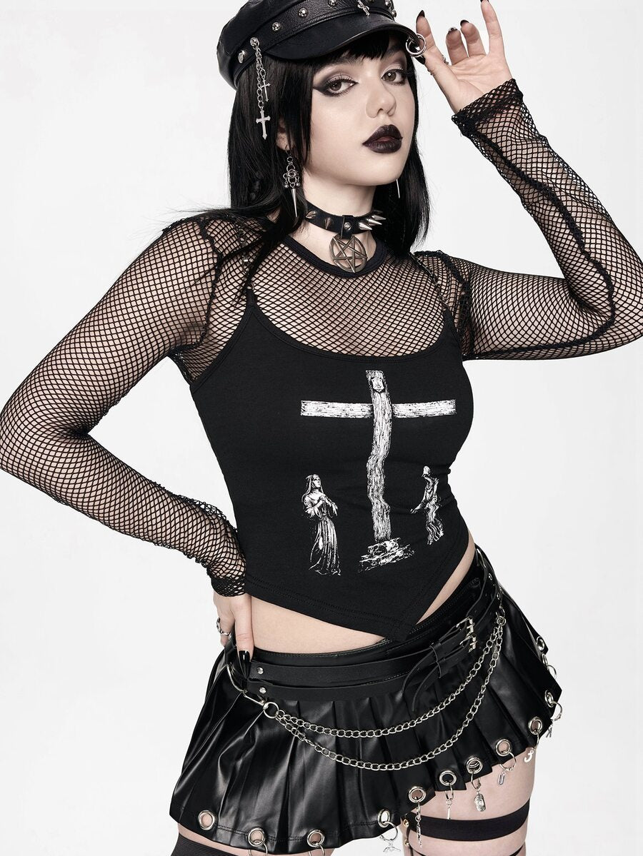 Black gothic rib-knit cross chain camisole top with asymmetrical hem and matching arm sleeves.