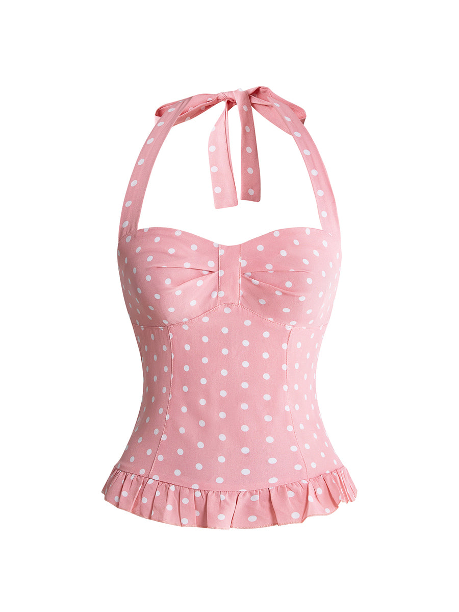 Pink plaid backless halter camisole set with ruched bust, knot detail, and ruffle hem for women.